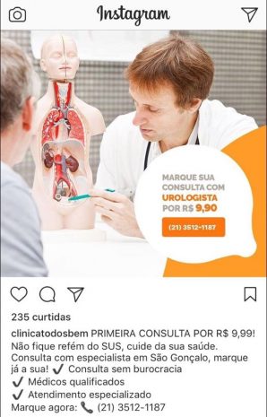 Anúncio no Instagram promete consultas com urologista por R$ 9,90.